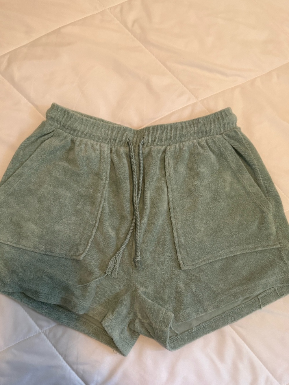 Zara Sage Green Terry Cloth Drawstring Shorts